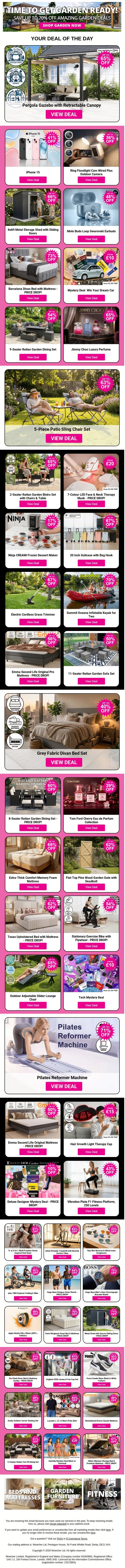 Grab Amazing Deals Like Pergola Gazebo with Retractable Canopy and Ring Floodlight Cam Wired Plus Outdoor Camera and 4x6ft Metal Storage Shed with Sliding Doors plus MORE !!! email from Wowcher screenshot