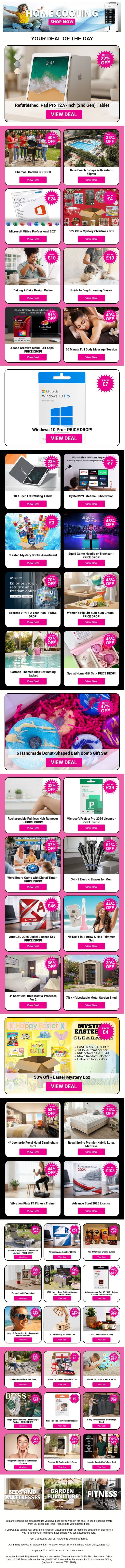 Refurbished iPad Pro 12.9-Inch (2nd Gen) Tablet | Charcoal Garden BBQ Grill | Ibiza Beach Escape with Return Flights | Microsoft Office Professional 2021 | 50% Off a Mystery Christmas Box email from Wowcher screenshot