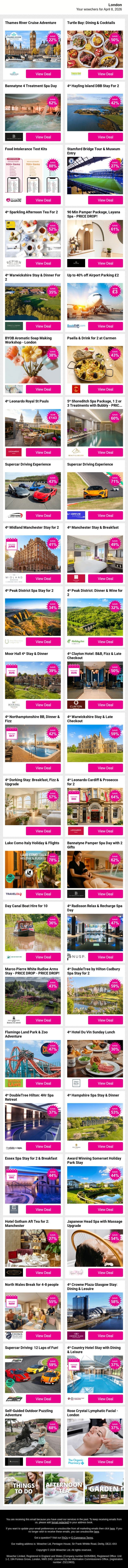 Thames River Cruise Adventure | Turtle Bay: Dining & Cocktails | Bannatyne 4 Treatment Spa Day | 4* Hayling Island DBB Stay For 2 | Food Intolerance Test Kits email from Wowcher screenshot