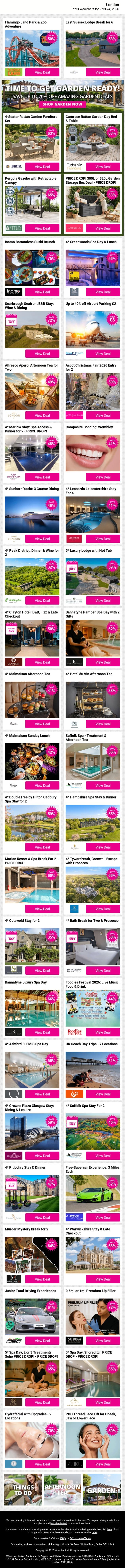 Flamingo Land Park & Zoo Adventure | East Sussex Lodge Break for 6 | 4-Seater Rattan Garden Furniture Set | Camrose Rattan Garden Day Bed & Table | Pergola Gazebo with Retractable Canopy email from Wowcher screenshot