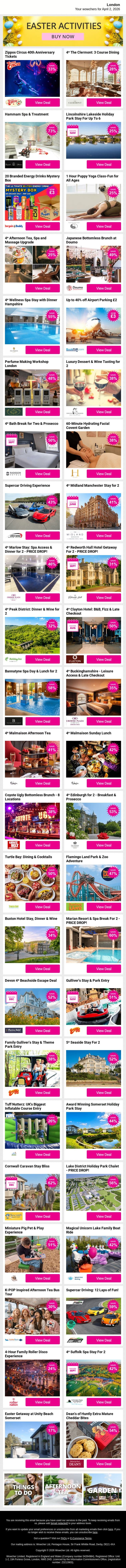 Zippos Circus 40th Anniversary Tickets | 4* The Clermont: 3 Course Dining | Hammam Spa & Treatment | Lincolnshire Lakeside Holiday Park Stay For Up To 6 | 20 Branded Energy Drinks Mystery Box email from Wowcher screenshot