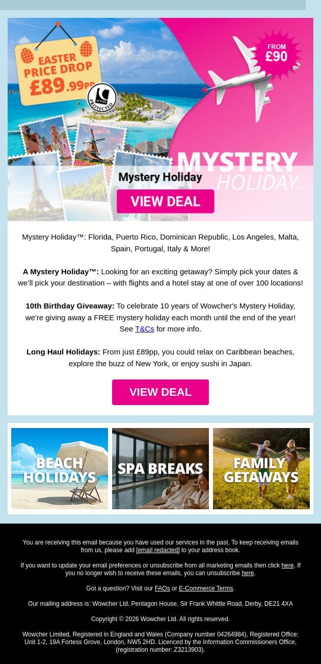🐣Easter Special: Mystery Holiday Now Just £89 - Extra £10 Off email from Wowcher screenshot
