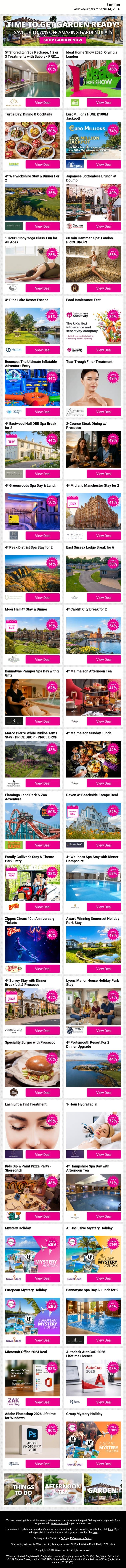 5* Shoreditch Spa Package, 1 2 or 3 Treatments with Bubbly - PRICE DROP! | Ideal Home Show 2026: Olympia London | Turtle Bay: Dining & Cocktails | EuroMillions HUGE £100M Jackpot! | 4* Warwickshire Stay & Dinner For 2 email from Wowcher screenshot