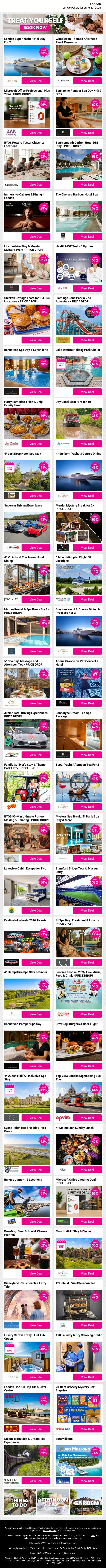 London Super Yacht Hotel Stay For 2 | Wimbledon-Themed Afternoon Tea & Prosecco | Microsoft Office Professional Plus 2024 - PRICE DROP! | Bannatyne Pamper Spa Day with 2 Gifts | BYOB Pottery Taster Class - 2 Locations email from Wowcher screenshot
