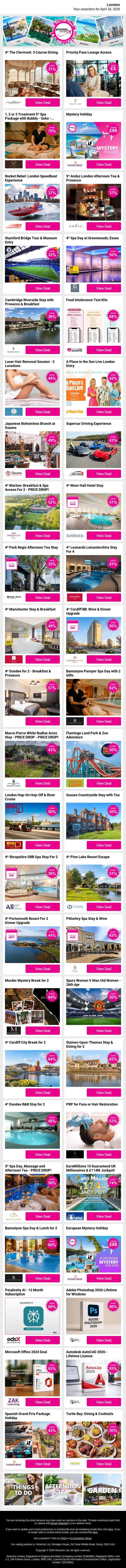 4* The Clermont: 3 Course Dining | Priority Pass Lounge Access | 1, 2 or 3 Treatment 5* Spa Package with Bubbly - Soho - PRICE DROP! | Mystery Holiday | Rocket Rebel: London Speedboat Experience - PRICE DROP! email from Wowcher screenshot