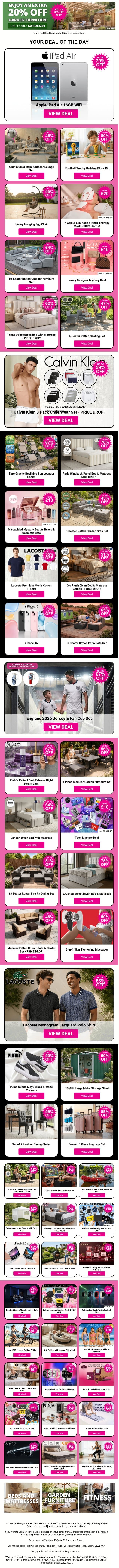 ENJOY AN EXTRA 20% OFF GARDEN FURNITURE! Use Promo Code: GARDEN20 email from Wowcher screenshot