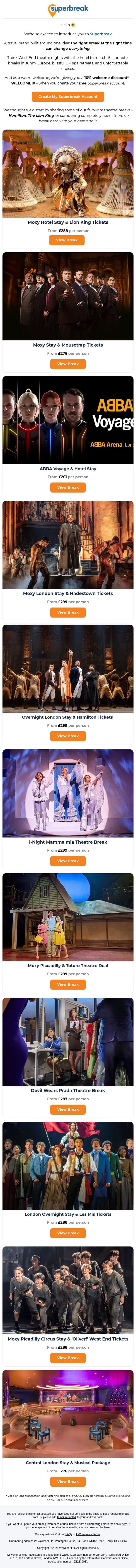 Unforgettable Breaks - Welcome to SuperBreak! email from Wowcher screenshot