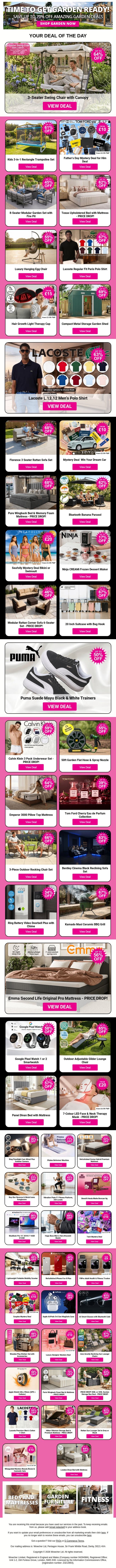 Grab Amazing Deals Like 3-Seater Swing Chair with Canopy and Kids 3-in-1 Rectangle Trampoline Set and Father's Day Mystery Deal for Him Deal plus MORE !!! email from Wowcher screenshot