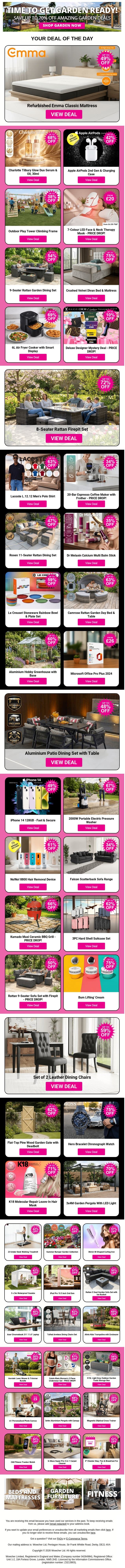Refurbished Emma Classic Mattress | Charlotte Tilbury Glow Duo Serum & Oil, 30ml | Apple AirPods 2nd Gen & Charging Case | Outdoor Play Tower Climbing Frame | 7-Colour LED Face & Neck Therapy Mask - PRICE DROP! email from Wowcher screenshot