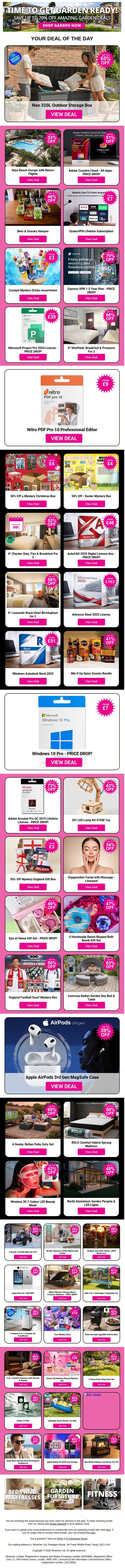 Neo 320L Outdoor Storage Box | Ibiza Beach Escape with Return Flights | Adobe Creative Cloud - All Apps | Beer & Snacks Hamper | OysterVPN Lifetime Subscription email from Wowcher screenshot