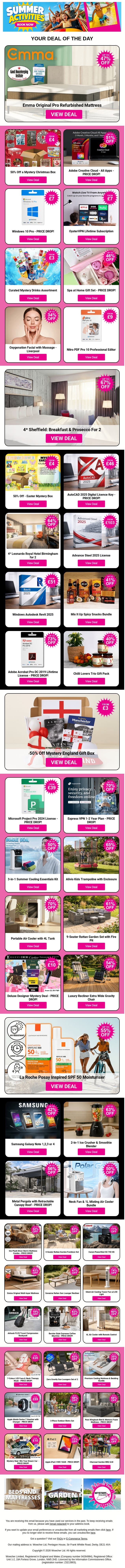 Emma Original Pro Refurbished Mattress | 50% Off a Mystery Christmas Box | Adobe Creative Cloud - All Apps | Windows 10 Pro - PRICE DROP! | OysterVPN Lifetime Subscription email from Wowcher screenshot