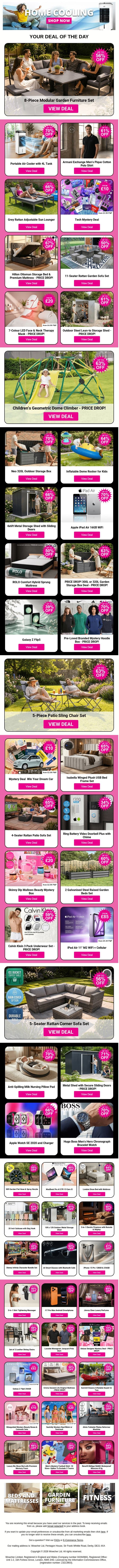 Grab Amazing Deals Like 8-Piece Modular Garden Furniture Set and Portable Air Cooler with 4L Tank and Armani Exchange Men's Pique Cotton Polo Shirt plus MORE !!! email from Wowcher screenshot