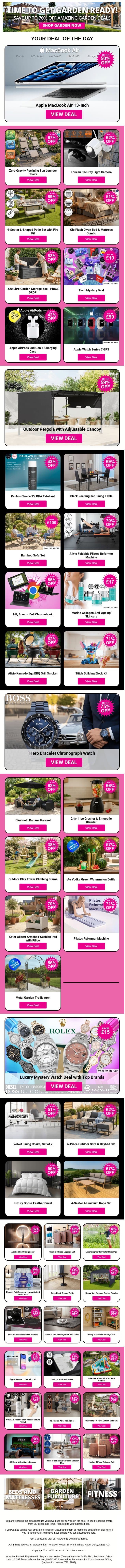 Apple MacBook Air 13-inch - PRICE DROP! | Zero Gravity Reclining Sun Lounger Chairs | Toucan Security Light Camera | 9-Seater L-Shaped Patio Set with Fire Pit | Gio Plush Divan Bed & Mattress Combo - PRICE DROP! email from Wowcher screenshot
