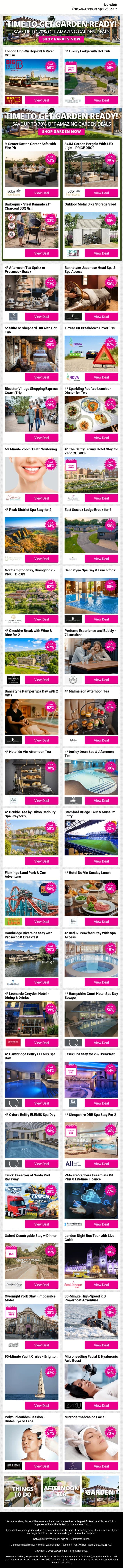 London Hop-On Hop-Off & River Cruise | 5* Luxury Lodge with Hot Tub | 9-Seater Rattan Corner Sofa with Fire Pit | 3x4M Garden Pergola With LED Light - PRICE DROP! | Barbequick Steel Kamado 21'' Charcoal BBQ Grill email from Wowcher screenshot