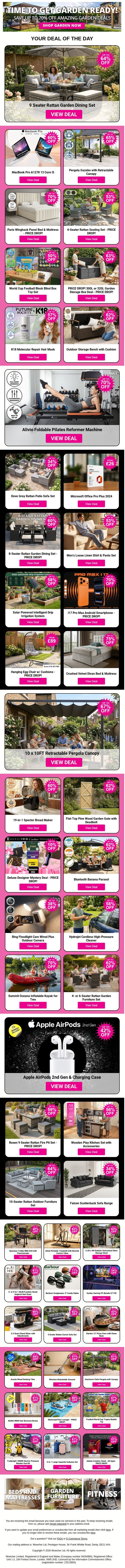 9 Seater Rattan Garden Dining Set | MacBook Pro A1278 13 Core i5 | Pergola Gazebo with Retractable Canopy | Paris Wingback Panel Bed & Mattress - PRICE DROP! | 4-Seater Rattan Seating Set email from Wowcher screenshot