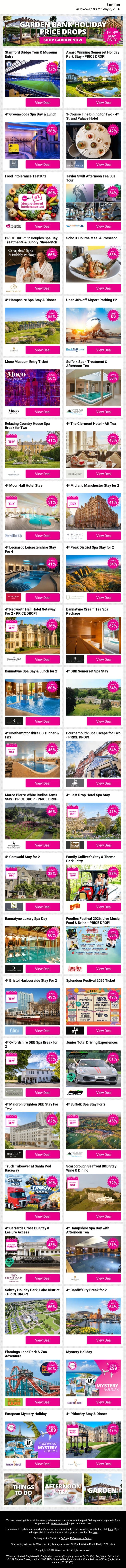 Stamford Bridge Tour & Museum Entry | Award Winning Somerset Holiday Park Stay - PRICE DROP! | 4* Greenwoods Spa Day & Lunch | 3-Course Fine Dining for Two - 4* Strand Palace Hotel | Food Intolerance Test Kits email from Wowcher screenshot