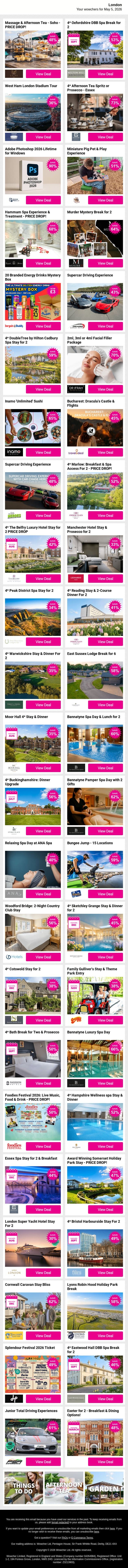 Massage & Afternoon Tea - Soho - PRICE DROP! | 4* Oxfordshire DBB Spa Break for 2 | West Ham London Stadium Tour | 4* Afternoon Tea Spritz or Prosecco - Essex | Adobe Photoshop 2026 Lifetime for Windows - PRICE DROP! email from Wowcher screenshot