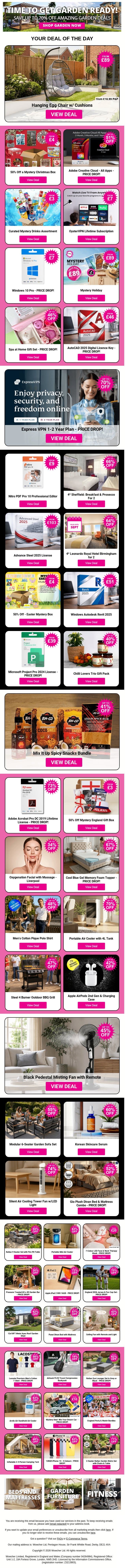 Hanging Egg Chair w/ Cushions | 50% Off a Mystery Christmas Box | Adobe Creative Cloud - All Apps | Curated Mystery Drinks Assortment | OysterVPN Lifetime Subscription email from Wowcher screenshot