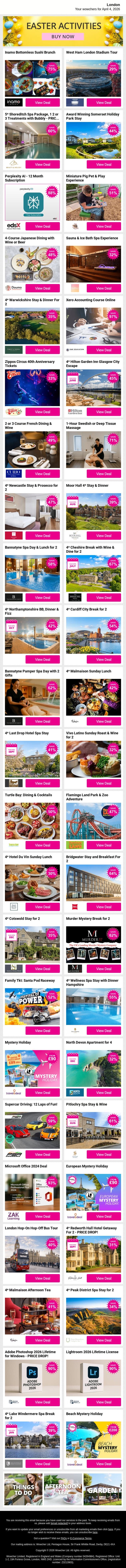 Inamo Bottomless Sushi Brunch | West Ham London Stadium Tour | 5* Shoreditch Spa Package, 1 2 or 3 Treatments with Bubbly - PRICE DROP! | Award Winning Somerset Holiday Park Stay | Perplexity AI - 12 Month Subscription email from Wowcher screenshot