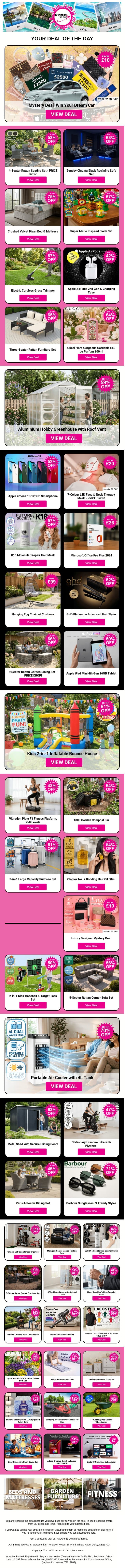 Mystery Deal Win Your Dream Car | 4-Seater Rattan Seating Set - PRICE DROP! | Bentley Cinema Black Reclining Sofa Set | Crushed Velvet Divan Bed & Mattress | Super Mario Inspired Block Set email from Wowcher screenshot