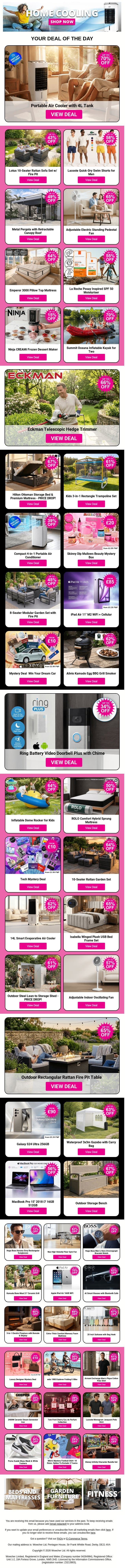Grab Amazing Deals Like Portable Air Cooler with 4L Tank and Lotus 10-Seater Rattan Sofa Set w/ Fire Pit and Lacoste Quick-Dry Swim Shorts for Men plus MORE !!! email from Wowcher screenshot