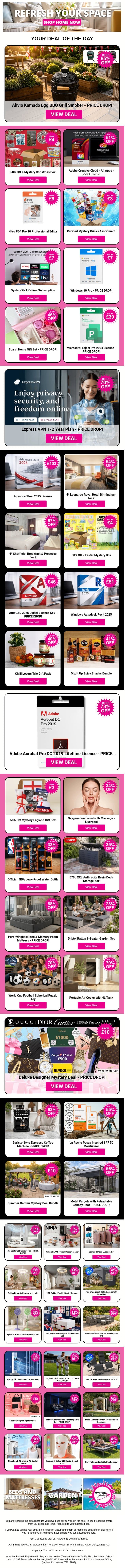 Alivio Kamado Egg BBQ Grill Smoker - PRICE DROP! | 50% Off a Mystery Christmas Box | Adobe Creative Cloud - All Apps | Nitro PDF Pro 10 Professional Editor | Curated Mystery Drinks Assortment email from Wowcher screenshot