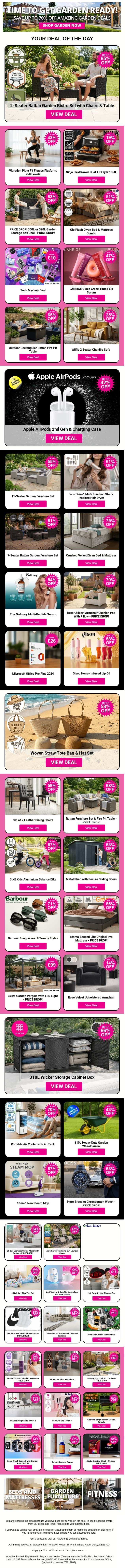 2-Seater Rattan Garden Bistro Set with Chairs & Table | Vibration Plate F1 Fitness Platform, 250 Levels | Ninja FlexDrawer Dual Air Fryer 10.4L - PRICE DROP! | PRICE DROP! 300L or 320L Garden Storage Box Deal | Gio Plush Divan Bed & Mattress Combo - PRICE DROP! email from Wowcher screenshot