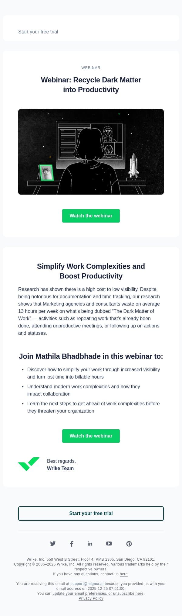 Webinar: Pocket more money and time with Wrike email from Wrike screenshot
