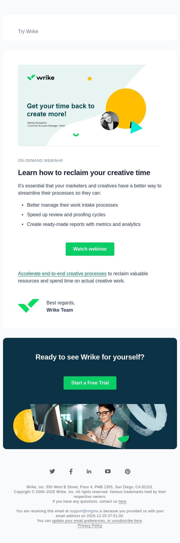 Streamline creative to reclaim time email from Wrike screenshot