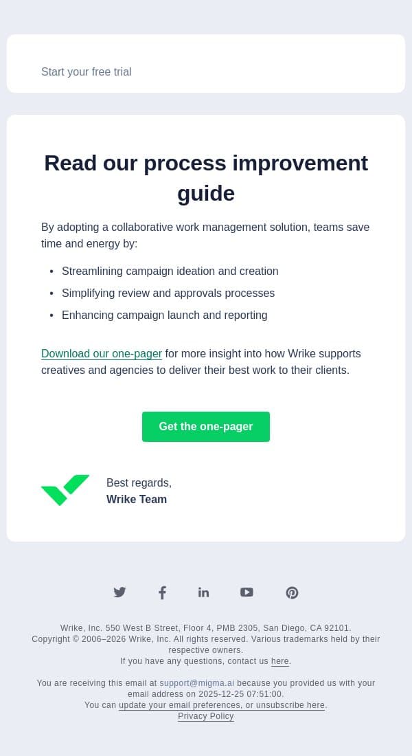 How Wrike supports creatives email from Wrike screenshot
