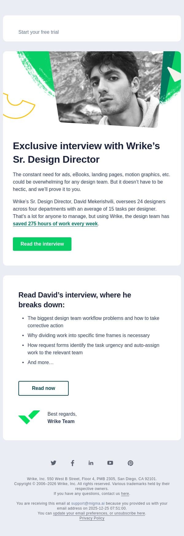 Save 275 hours of work every week with Wrike (no joke) email from Wrike screenshot