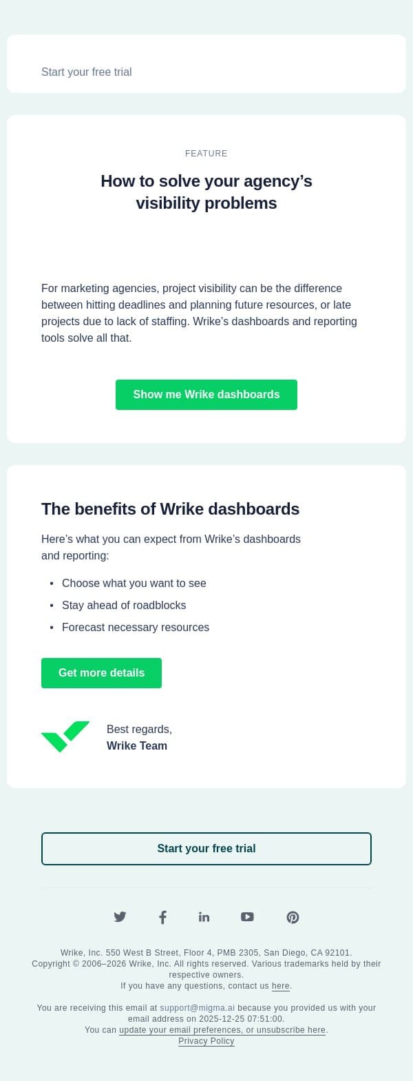 Give everyone the secure work visibility they need email from Wrike screenshot