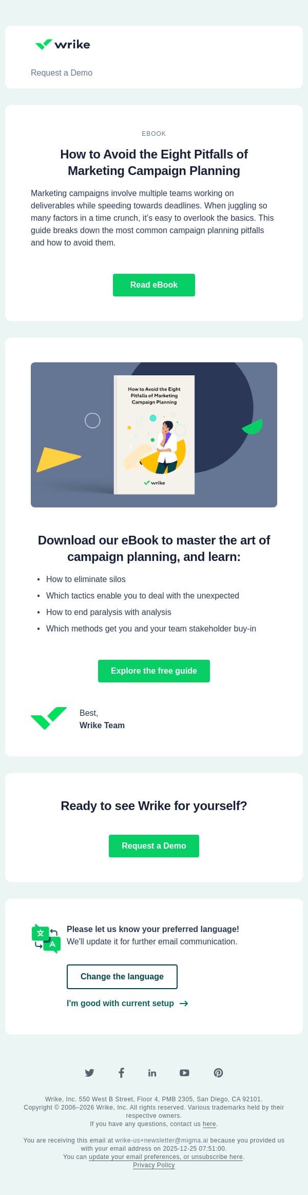 An antidote for less stressful campaign planning email from Wrike screenshot