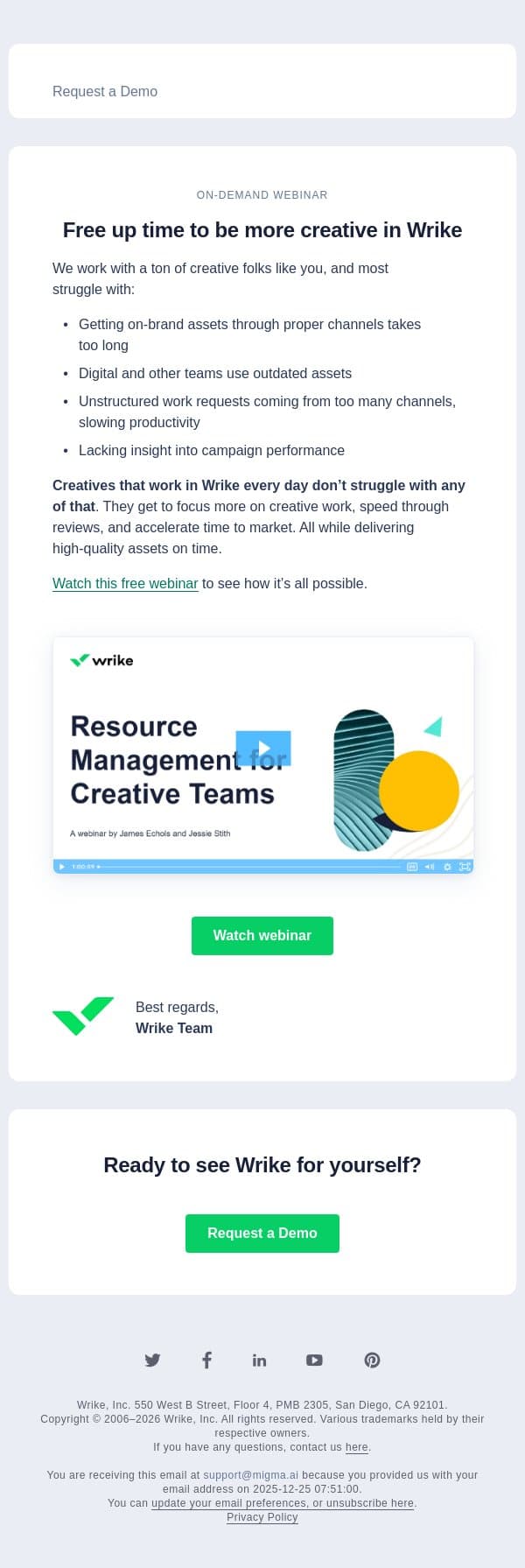 [Webinar] How creatives get time to be more creative email from Wrike screenshot