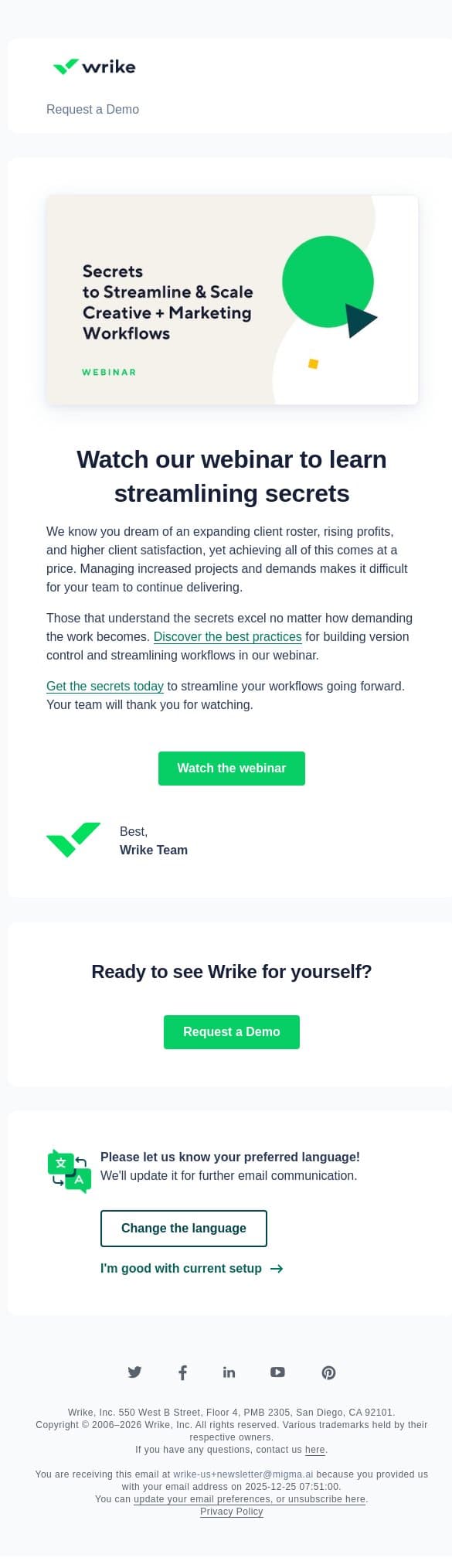 The 3 secrets to workflow efficiency email from Wrike screenshot