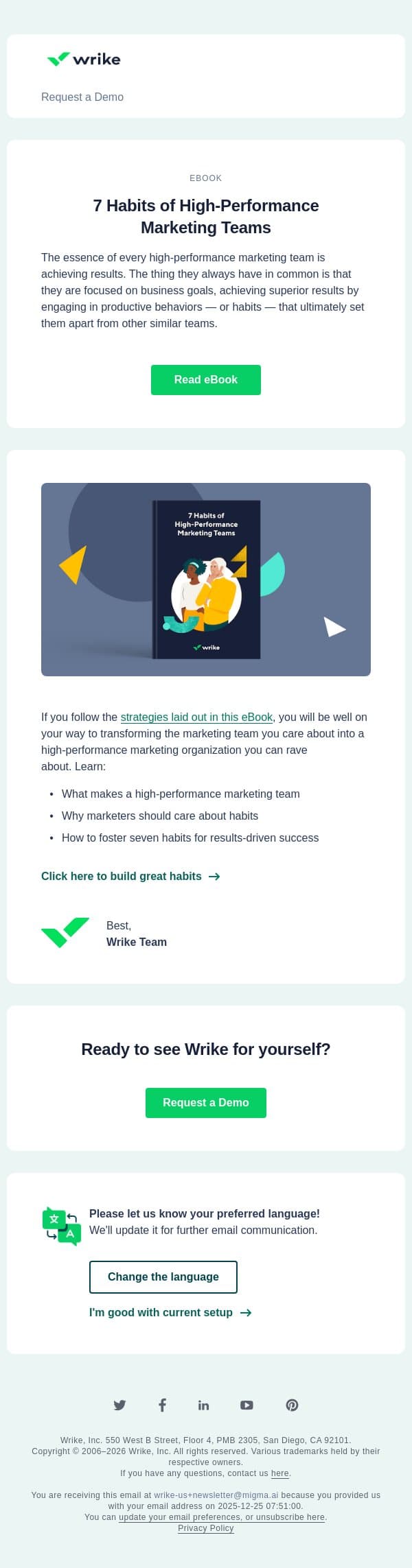See what high-performance marketing teams have in common email from Wrike screenshot