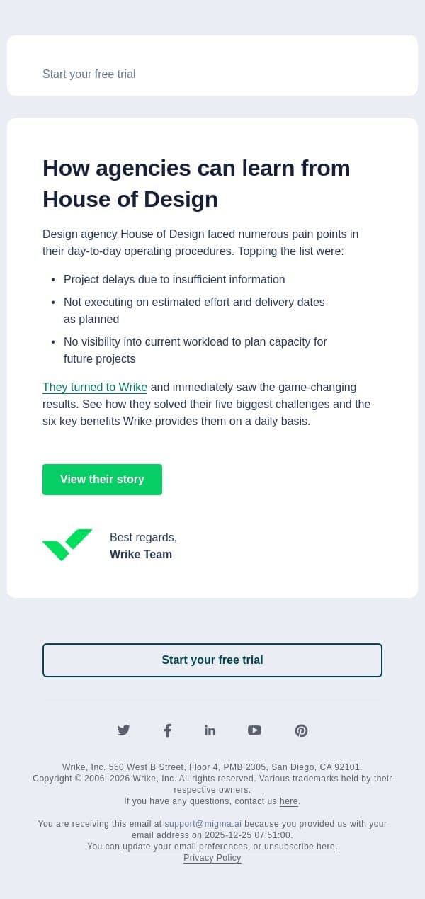 Master your project visibility while driving more efficiency email from Wrike screenshot
