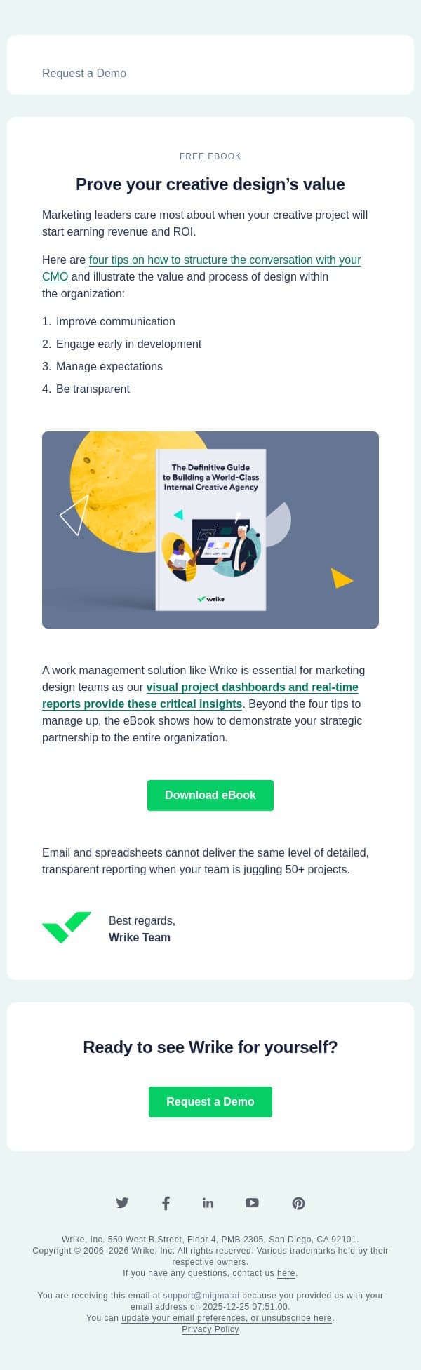 Show your CMO how your creative earns ROI email from Wrike screenshot