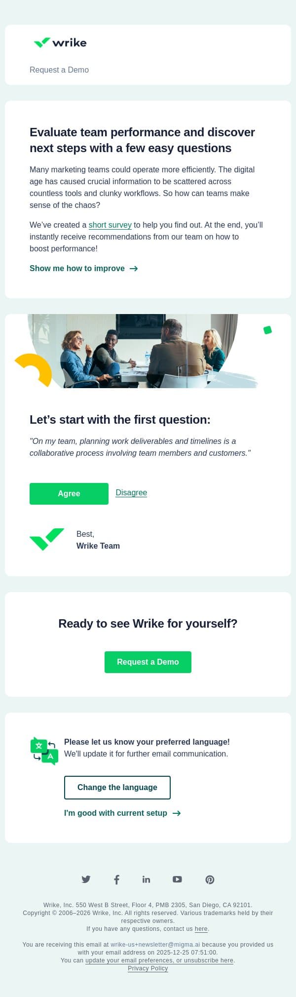 Marketing advice tailored for you: reach peak performance email from Wrike screenshot