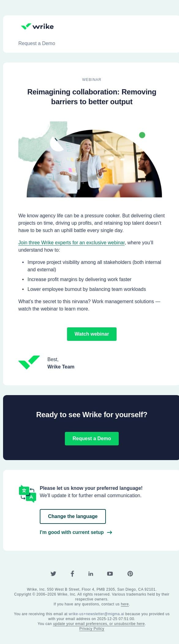 [Webinar] Ease the pressure of consulting with work management email from Wrike screenshot