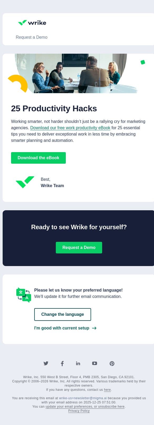 25 productivity tips to work smarter today email from Wrike screenshot