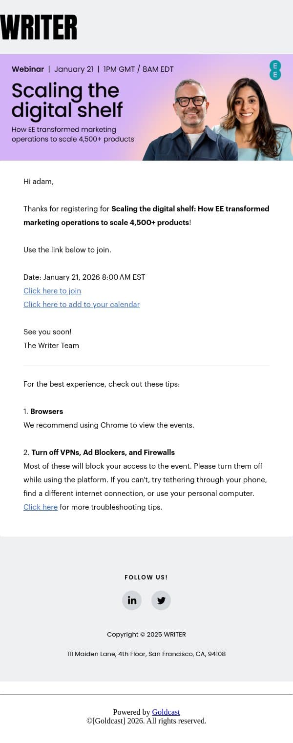 You are registered - Scaling the digital shelf: How EE transformed marketing operations to scale 4,500+ products email from Writer screenshot