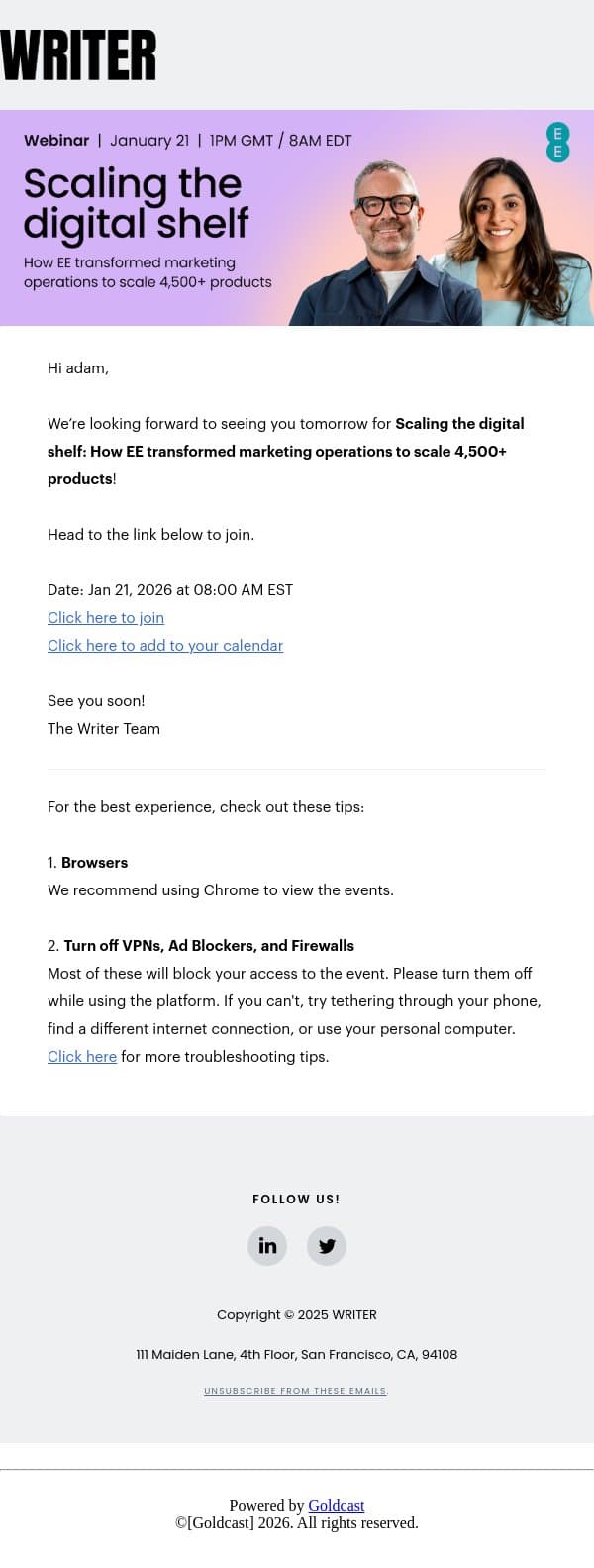 1 day to go until Scaling the digital shelf: How EE transformed marketing operations to scale 4,500+ products email from Writer screenshot