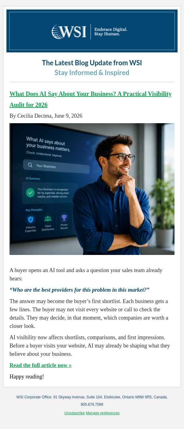 What Does AI Say About Your Business? A Practical Visibility Audit for 2026 email from WSI screenshot