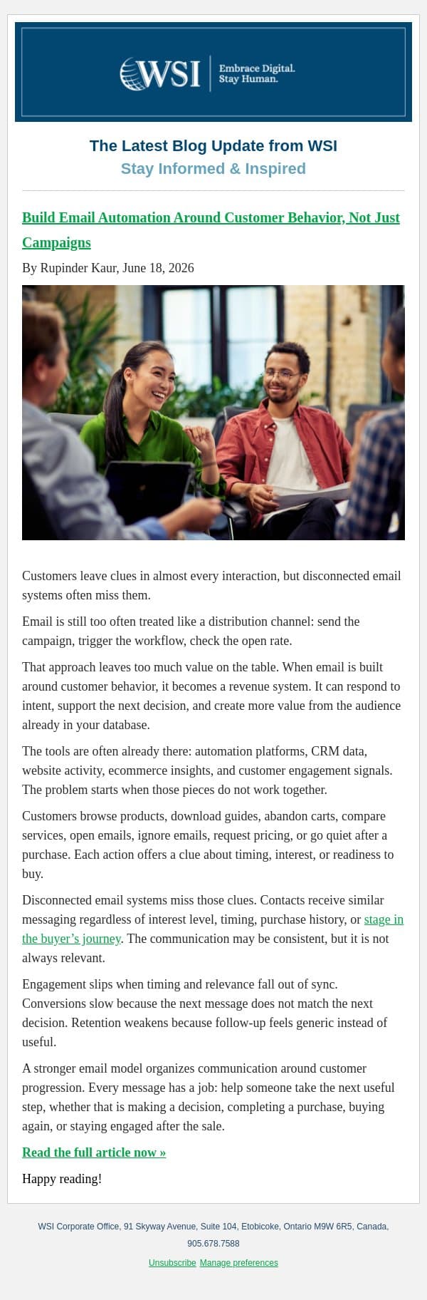 Build Email Automation Around Customer Behavior, Not Just Campaigns email from WSI screenshot