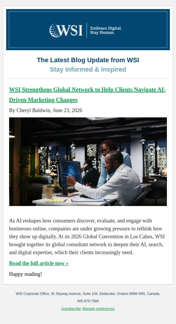 WSI Strengthens Global Network to Help Clients Navigate AI-Driven Marketing Changes email from WSI screenshot