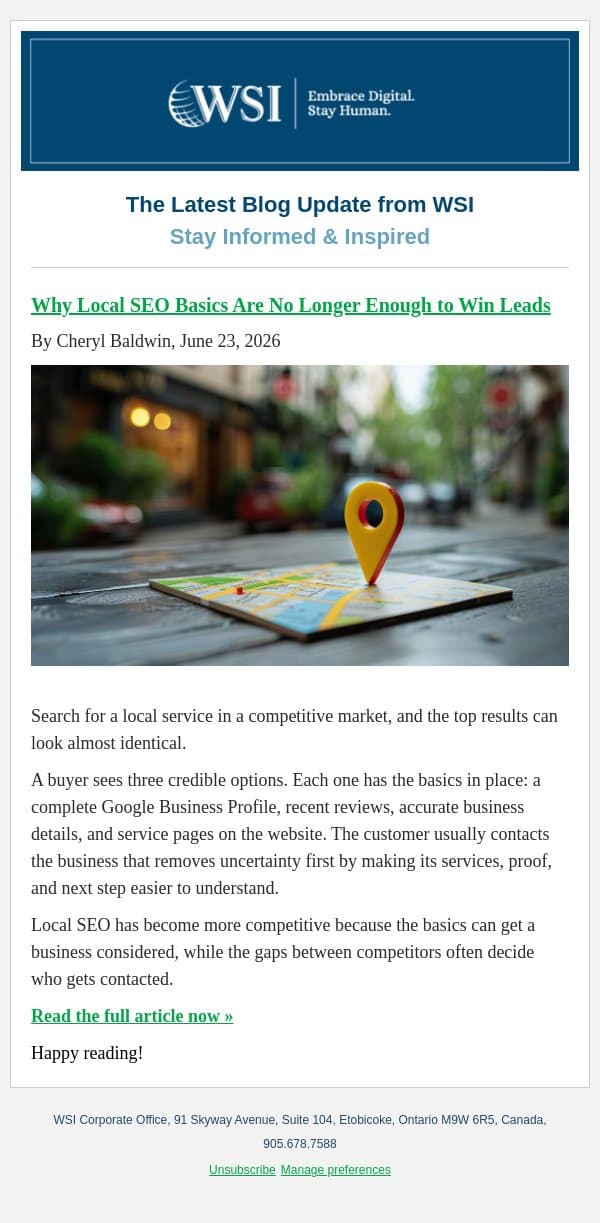 Why Local SEO Basics Are No Longer Enough to Win Leads email from WSI screenshot
