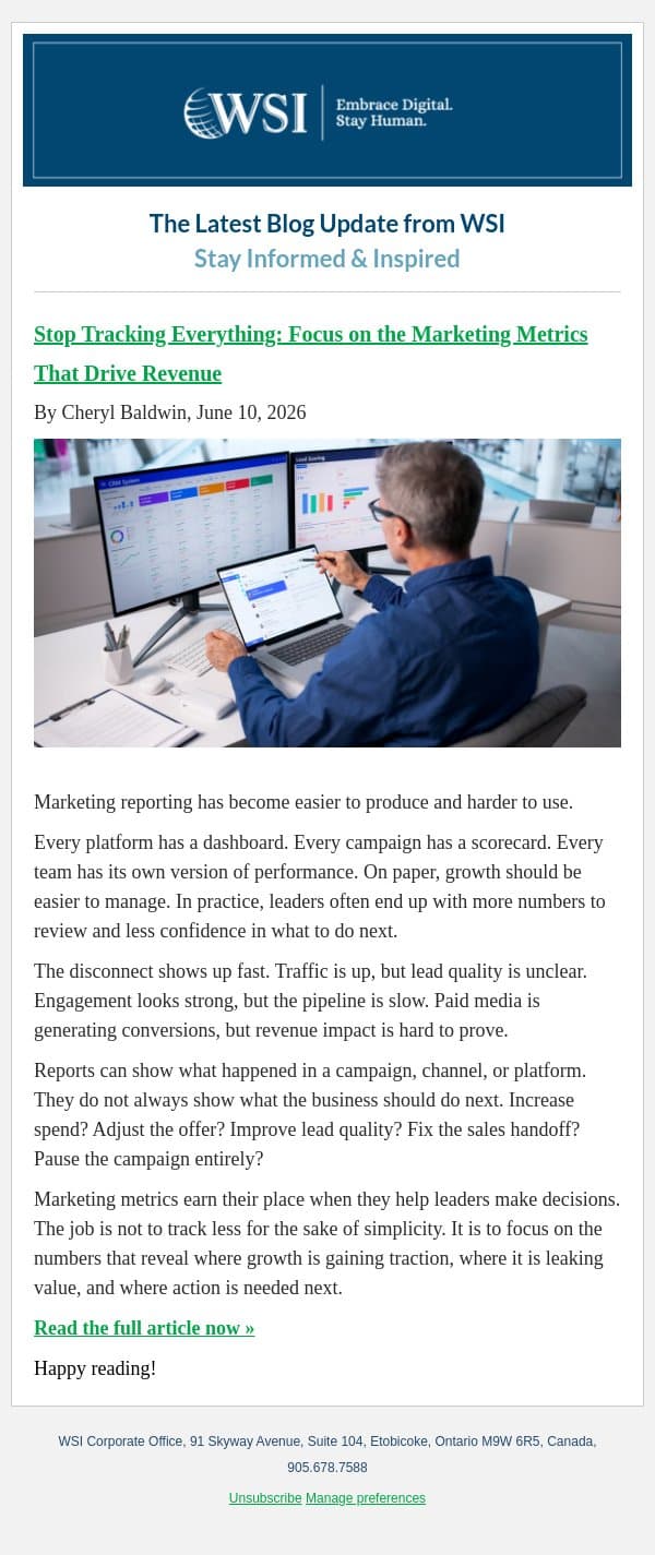Stop Tracking Everything: Focus on the Marketing Metrics That Drive Revenue email from WSI screenshot