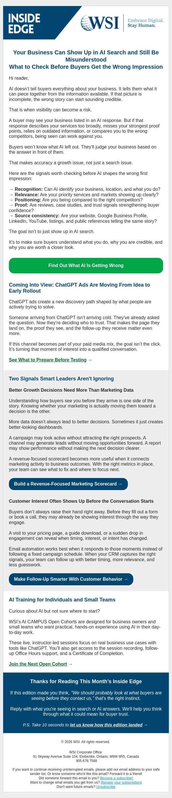 Is AI Telling Buyers the Right Story About Your Business? email from WSI screenshot