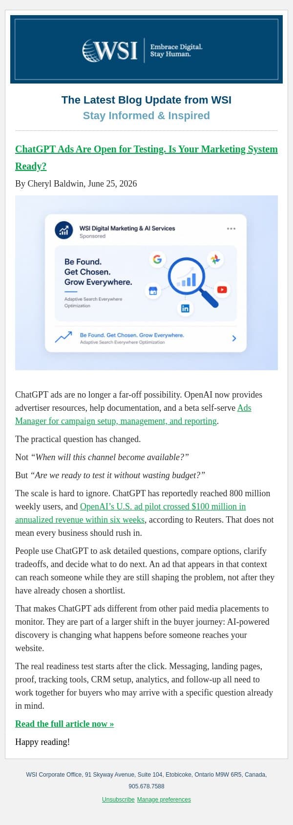 ChatGPT Ads Are Open for Testing. Is Your Marketing System Ready? email from WSI screenshot